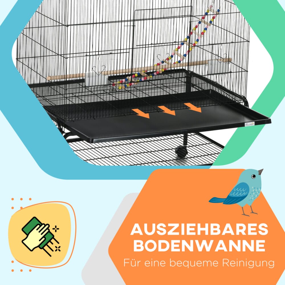 Schwarzer Vogelkäfig mit Ablage & herausnehmbaren Rollen.