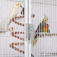 Nahaufnahme der stabilen Türverriegelung einer großen weißen Vogelvoliere mit buntem Kletterseilspielzeug – sicherer und robuster Vogelkäfig für Innenräume.