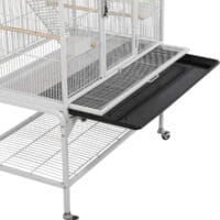 Praktische Reinigungsschublade ausziehbar unter großer Vogelvoliere – hygienischer Vogelkäfig mit einfacher Reinigungsmöglichkeit und Ablagefläche.