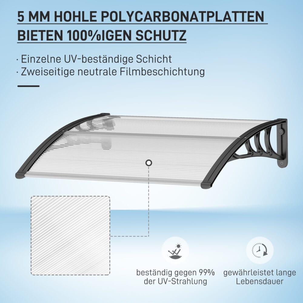 Transparentes Polycarbonat-Vordach für die Haustür, Größe 75x100cm.