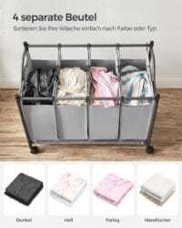 Wäschesortierer Wäschetrenner mit 4 Taschen Grau.