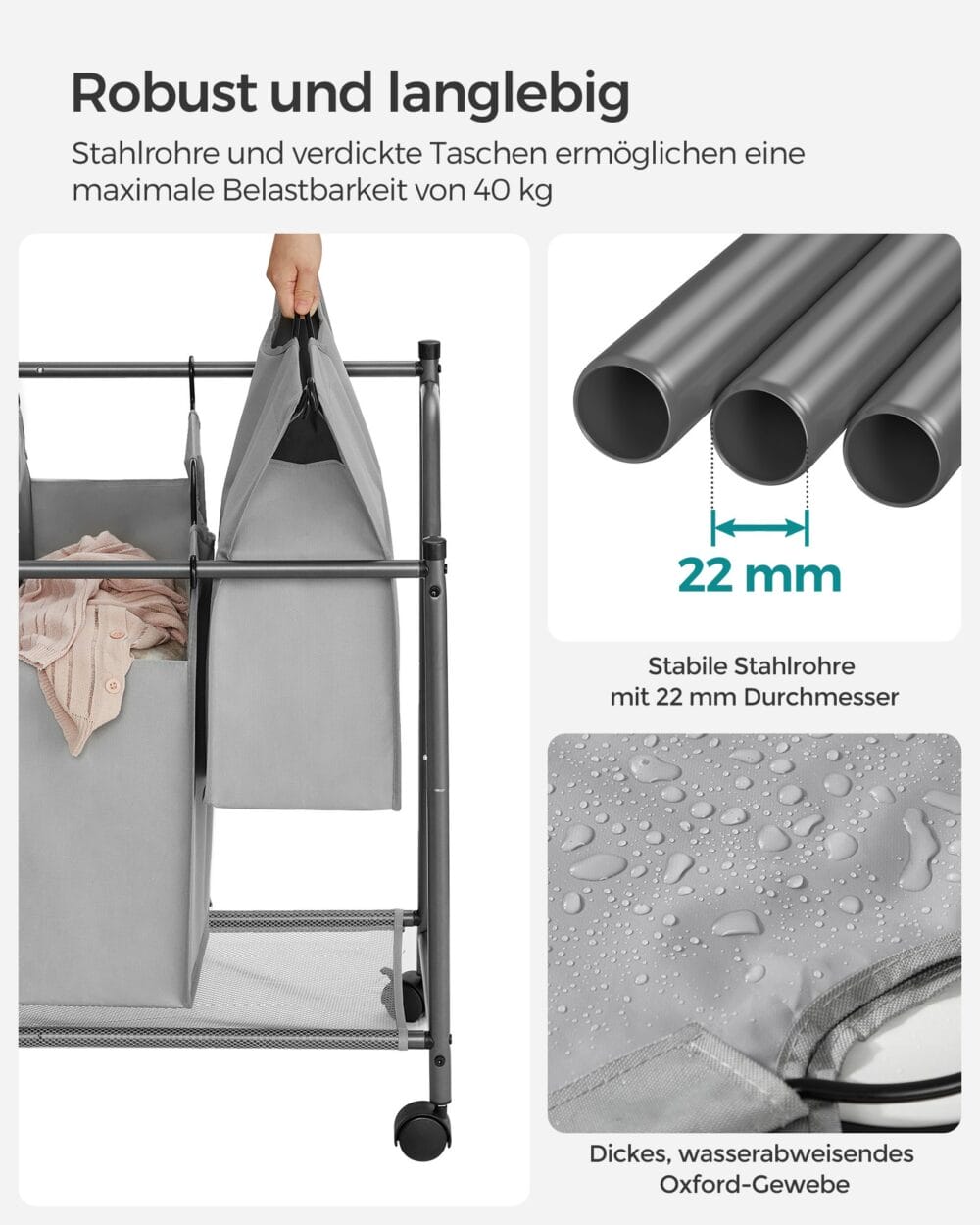 Wäschesortierer Wäschetrenner mit 4 Taschen Grau.