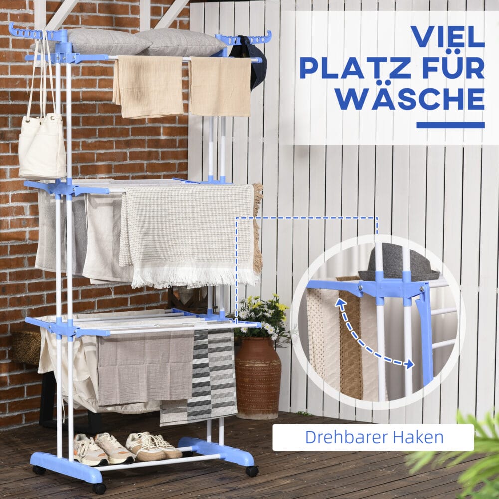 Blauer Turmwäscheständer 73x64x177cm ausziehbar
