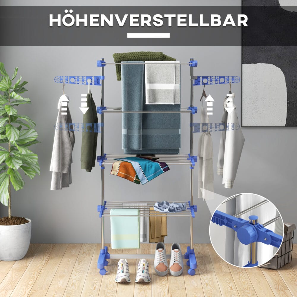 Blauer Wäscheständer und Wäschetrockner aus Stahl mit 2 klappbaren Flügeln