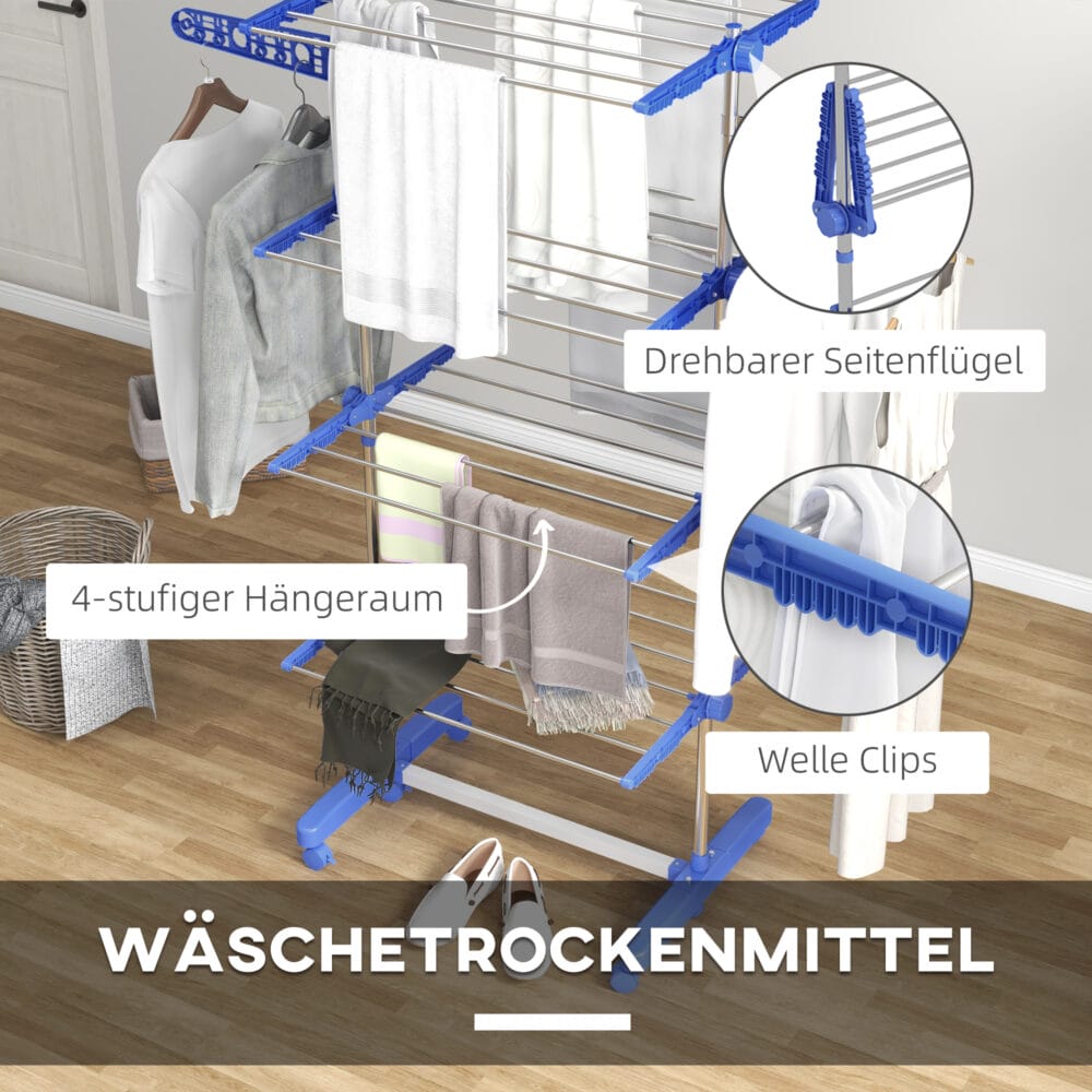 Blauer Wäscheständer und Wäschetrockner aus Stahl mit 2 klappbaren Flügeln