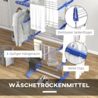 Blauer Wäscheständer und Wäschetrockner aus Stahl mit 2 klappbaren Flügeln
