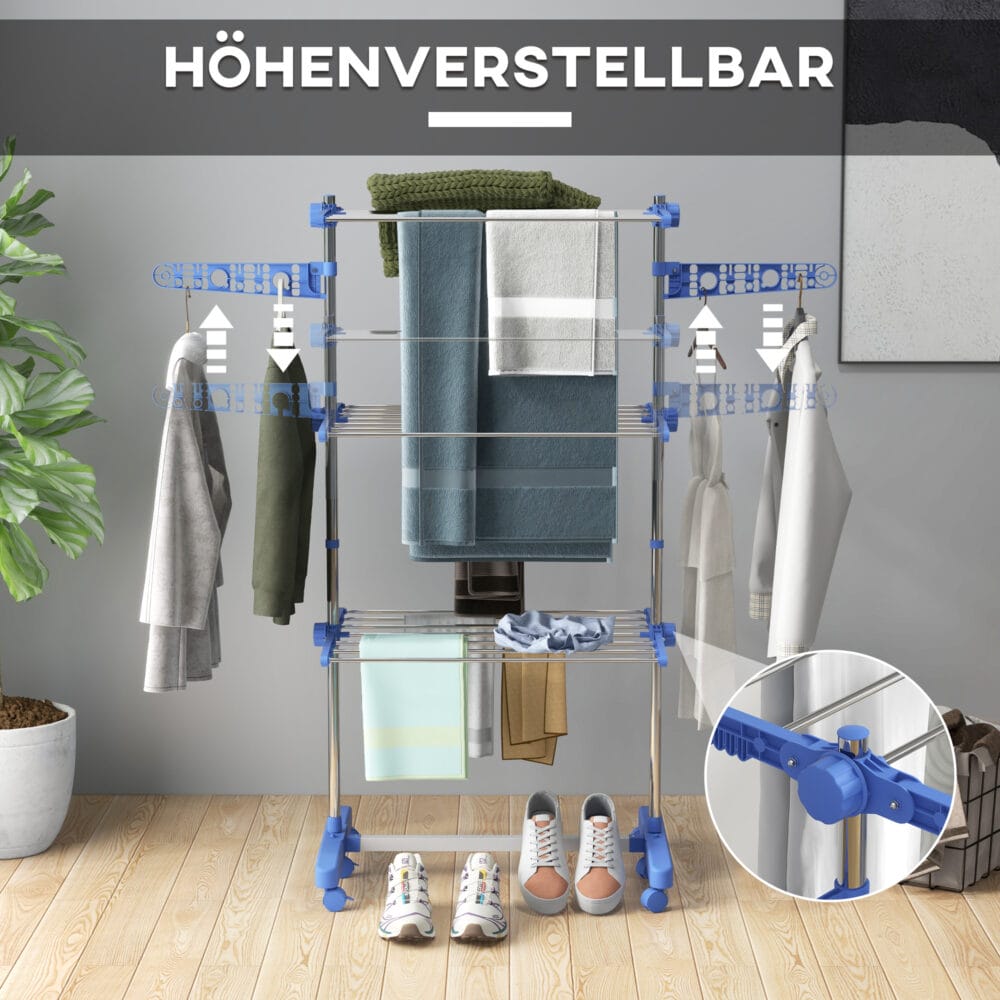 Blauer Wäscheständer und Wäschetrockner aus Stahl mit 3 klappbaren Seitenflügeln