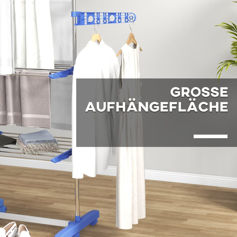 Blauer Wäscheständer und Wäschetrockner aus Stahl mit 3 klappbaren Seitenflügeln