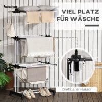 Schwarzer Wäscheständer und Wäschetrockner mit 4 Ebenen und Rollen platzsparend