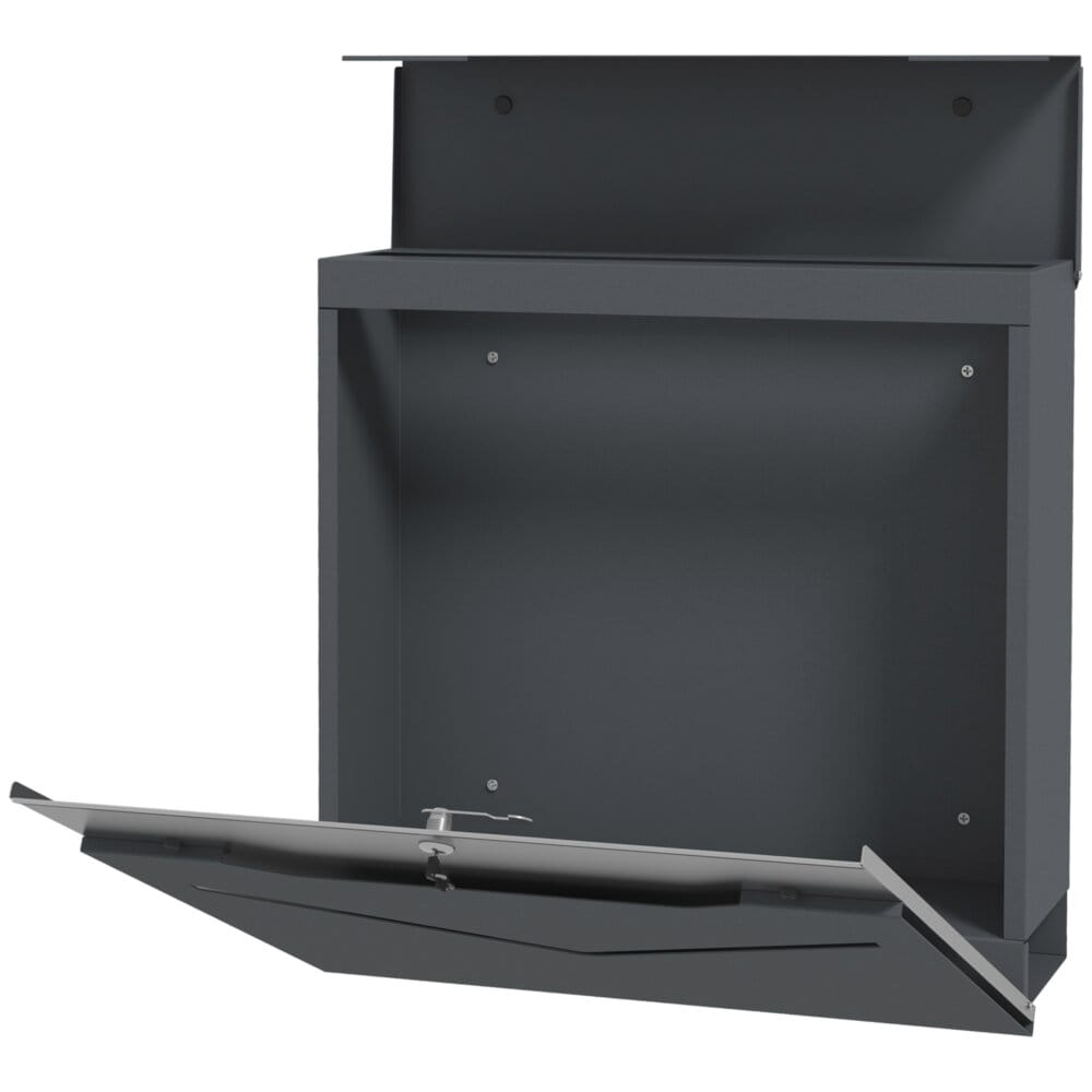 Ein anthrazitfarbener Wandbriefkasten aus Stahl mit Zeitungsfach, Maße 37x105x37cm.