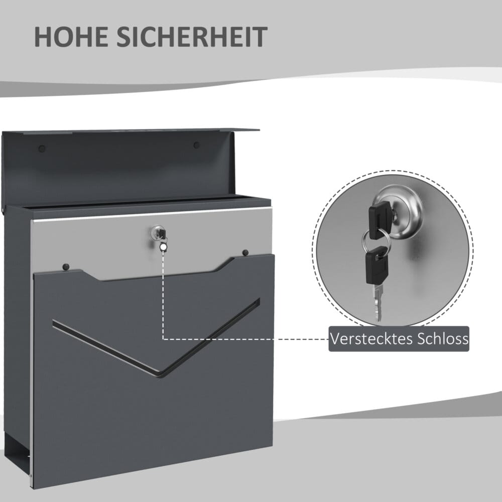 Ein anthrazitfarbener Wandbriefkasten aus Stahl mit Zeitungsfach, Maße 37x105x37cm.