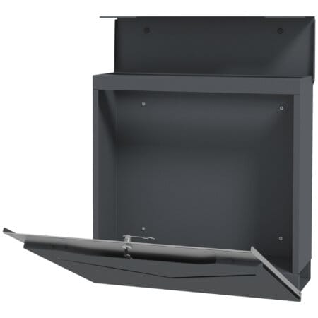 Ein anthrazitfarbener Wandbriefkasten aus Stahl mit Zeitungsfach, Maße 37x105x37cm.