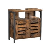 Waschbeckenunterschrank mit Regal und Lamellentüren im Vintage-Stil.