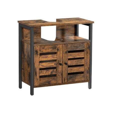 Waschbeckenunterschrank mit Regal und Lamellentüren im Vintage-Stil.