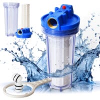 Wasserfilter mit 100 µm Filtereinsatz, 1-Zoll-Messinggewinde, 6000 l/h Durchfluss, auswaschbarer Kartusche, Überdruckventil und transparentem Gehäuse – idealer Schutz für Pumpen und Gartenbewässerungssysteme.