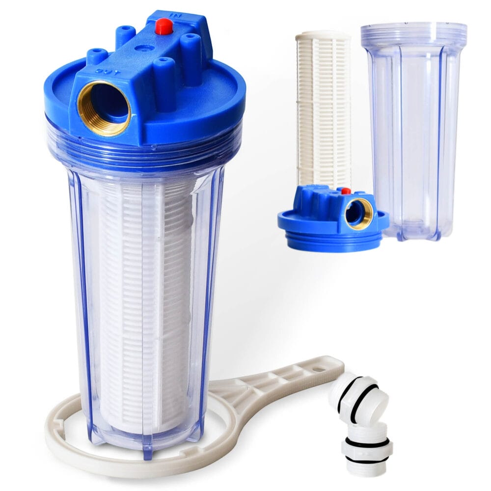 Wasserfilter mit 100 µm Filtereinsatz, 1-Zoll-Messinggewinde, 6000 l/h Durchfluss, auswaschbarer Kartusche, Überdruckventil und transparentem Gehäuse – idealer Schutz für Pumpen und Gartenbewässerungssysteme.