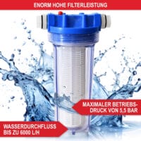 Wasserfilter mit 100 µm Filtereinsatz, 1-Zoll-Messinggewinde, 6000 l/h Durchfluss, auswaschbarer Kartusche, Überdruckventil und transparentem Gehäuse – idealer Schutz für Pumpen und Gartenbewässerungssysteme.
