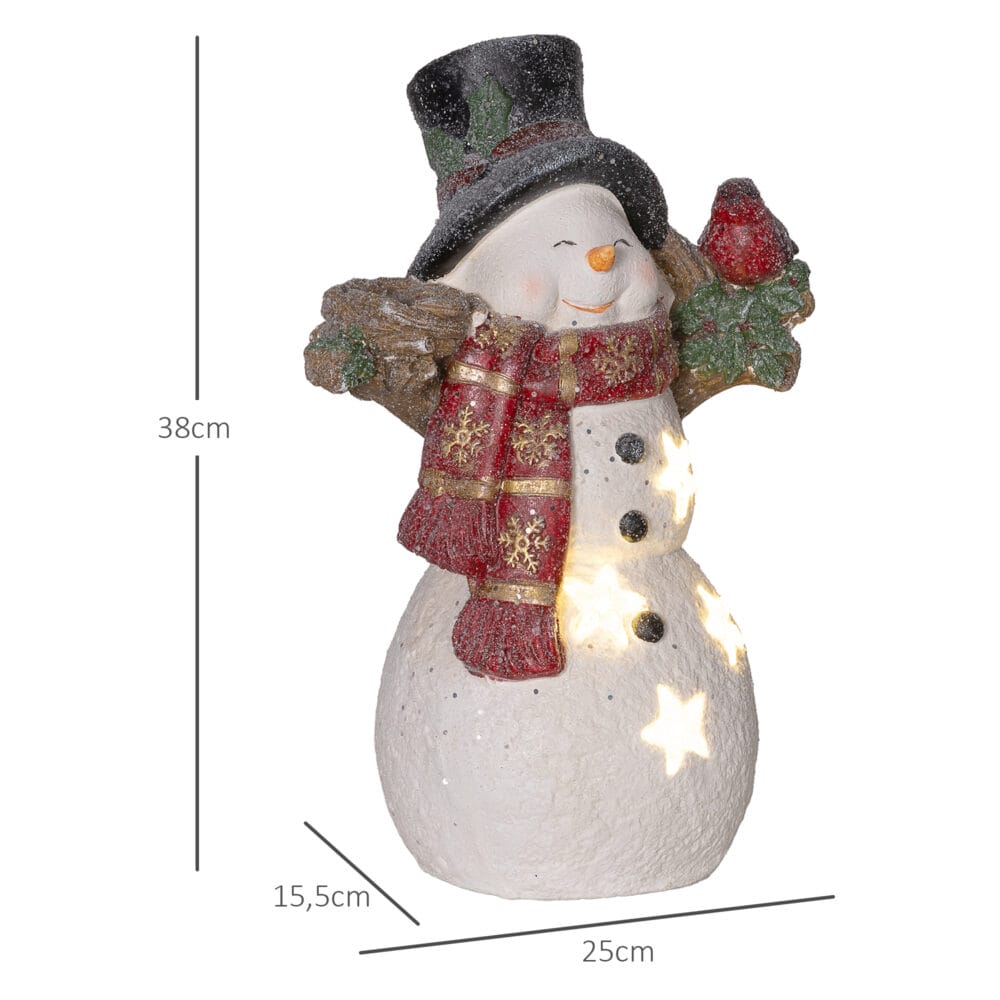 Weihnachtsdeko Schneemann Figur 38cm mit Schal & Vögeln LED