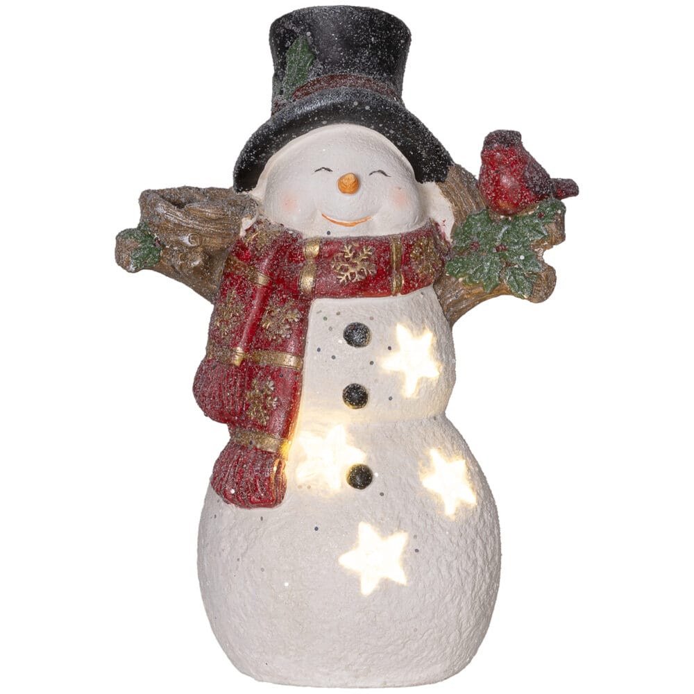 Weihnachtsdeko Schneemann Figur 38cm mit Schal & Vögeln LED