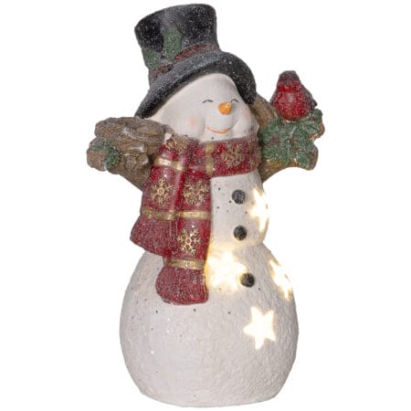 Weihnachtsdeko Schneemann Figur 38cm mit Schal & Vögeln LED