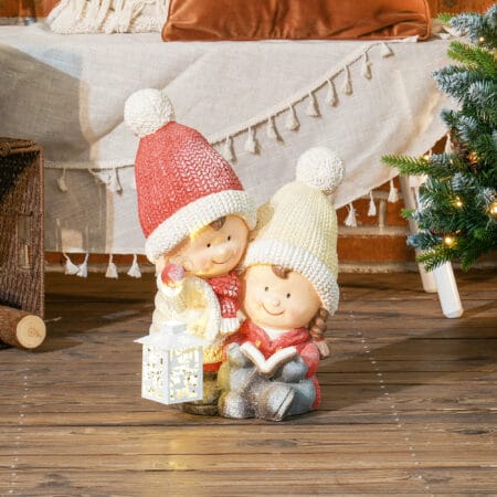 Weihnachtsdeko Wichtel Figur 45cm mit Buch & LED-Laterne In-/Outdoor