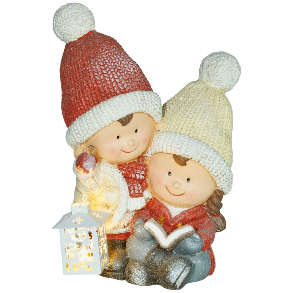 Weihnachtsdeko Wichtel Figur 45cm mit Buch & LED-Laterne In-/Outdoor