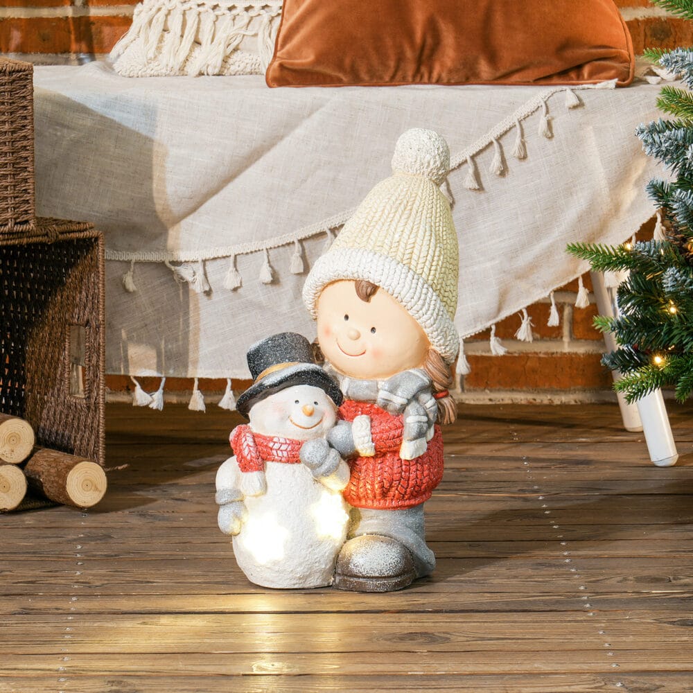 Weihnachtsdeko Wichtel Figur 45cm mit Schneemann LED In-/Outdoor