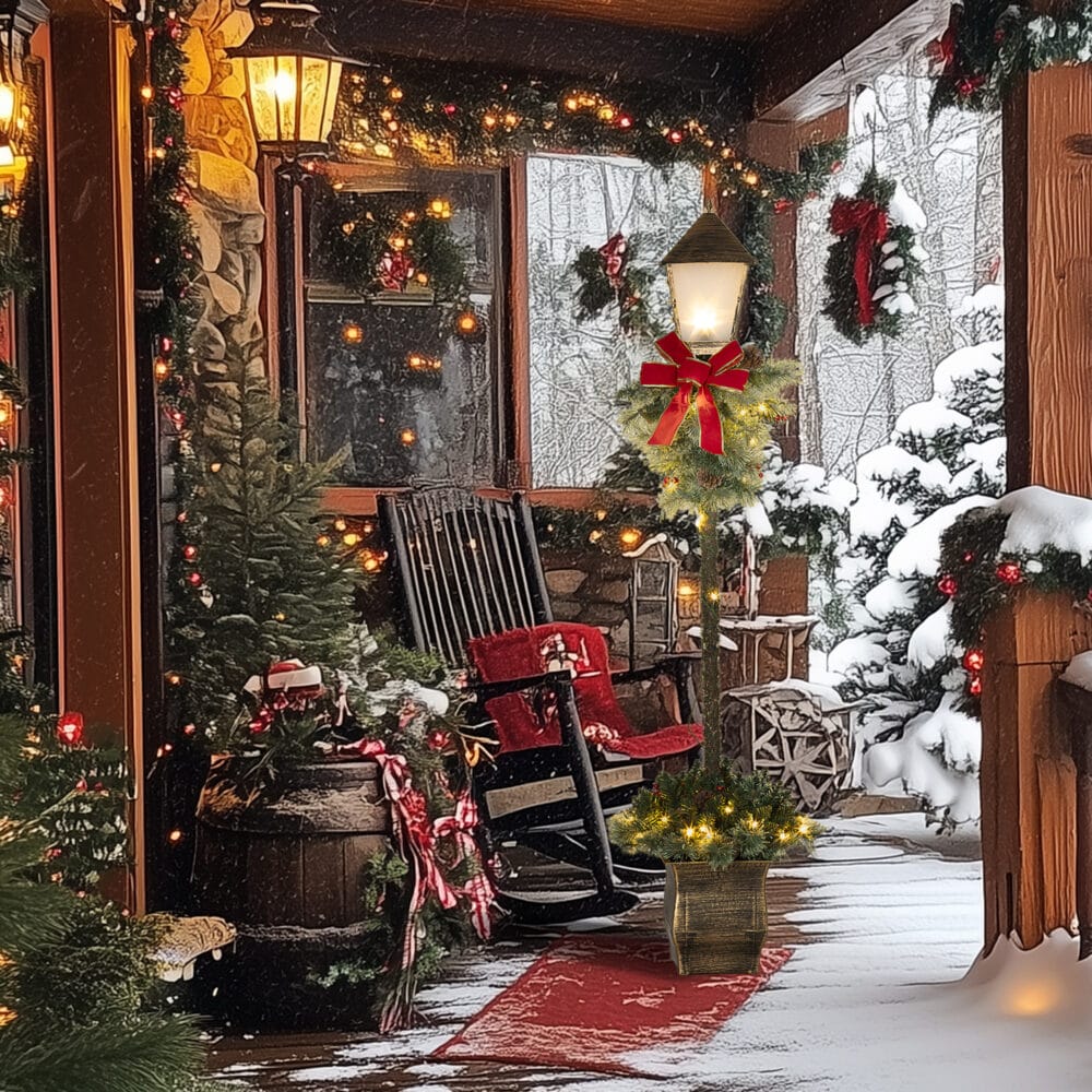 Weihnachtslaterne 150cm mit LED-Lichterkette Tannenzapfen & Schleife