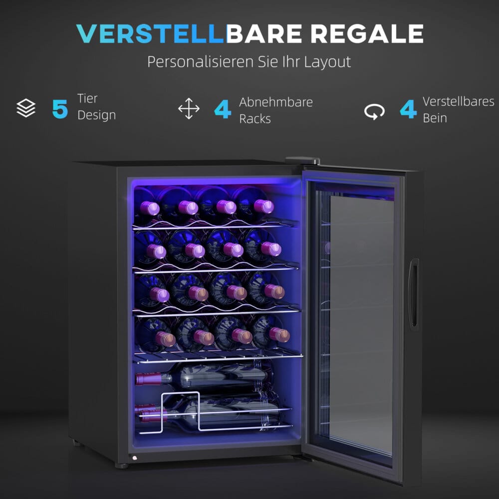 Ein Weinkühlschrank und Weinklimaschrank für 20 Flaschen, Temperaturbereich 5-18 Grad Celsius, mit Anti-UV-Glastür, LED und Touchscreen.