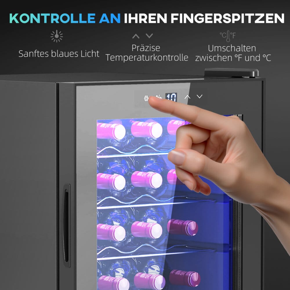 Ein Weinkühlschrank und Weinklimaschrank für 20 Flaschen, Temperaturbereich 5-18 Grad Celsius, mit Anti-UV-Glastür, LED und Touchscreen.