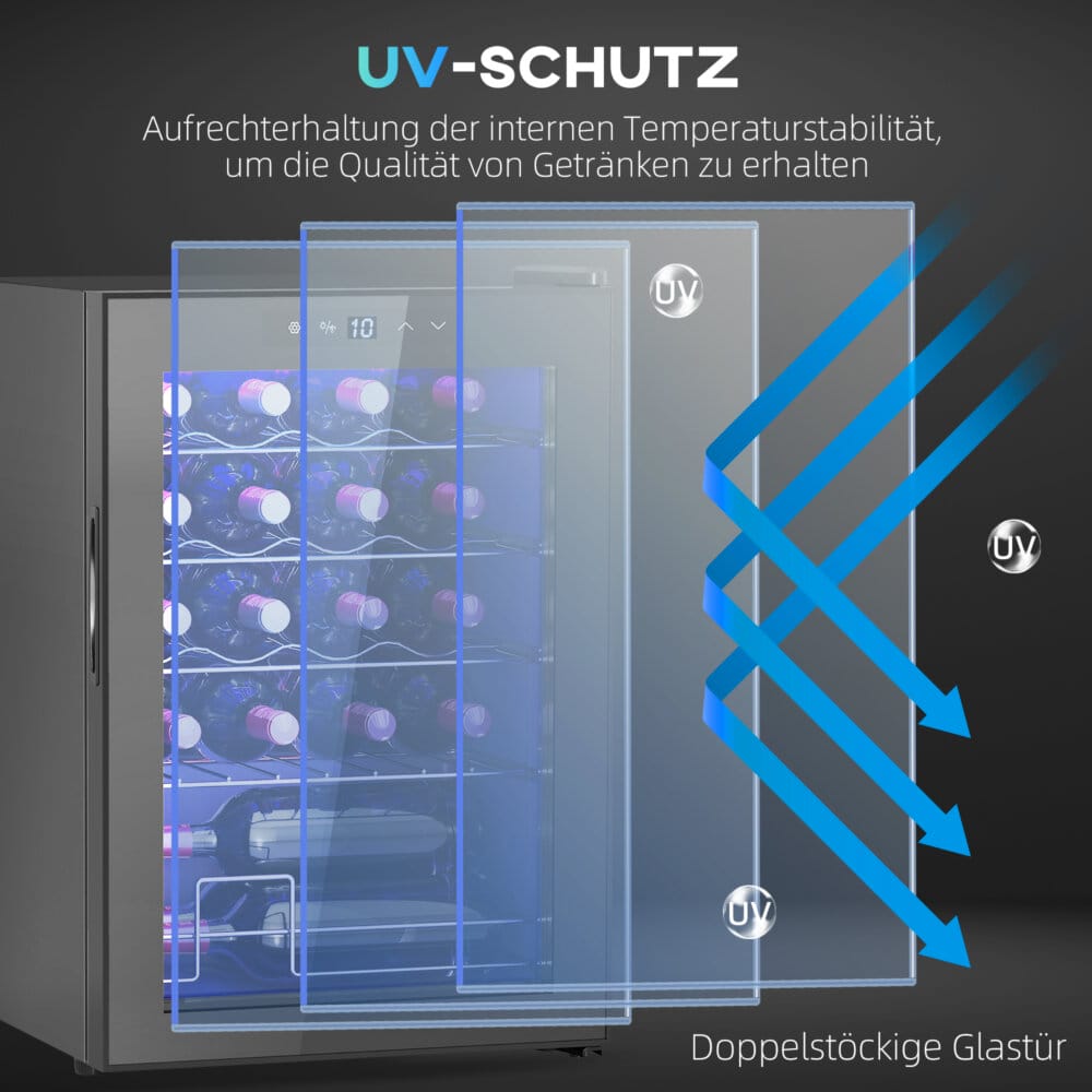 Ein Weinkühlschrank und Weinklimaschrank für 20 Flaschen, Temperaturbereich 5-18 Grad Celsius, mit Anti-UV-Glastür, LED und Touchscreen.