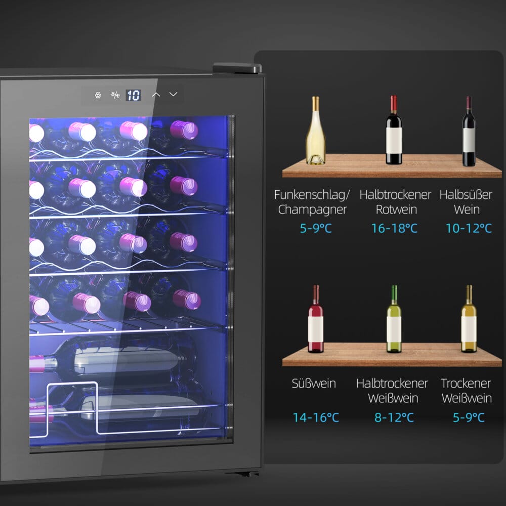 Ein Weinkühlschrank und Weinklimaschrank für 20 Flaschen, Temperaturbereich 5-18 Grad Celsius, mit Anti-UV-Glastür, LED und Touchscreen.