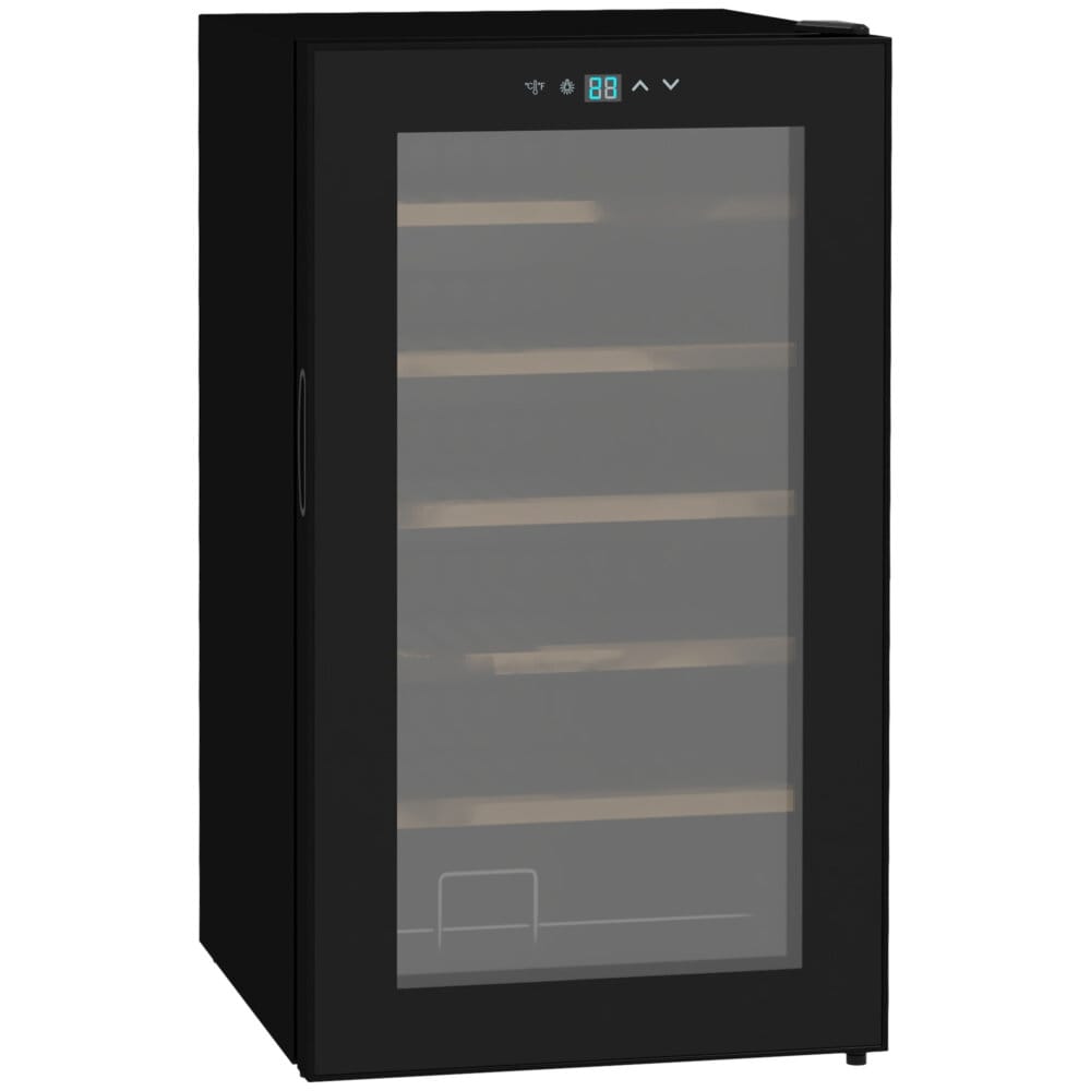 Ein schwarzer Weinkühlschrank und Weinklimaschrank für 24 Flaschen mit LED-Beleuchtung.