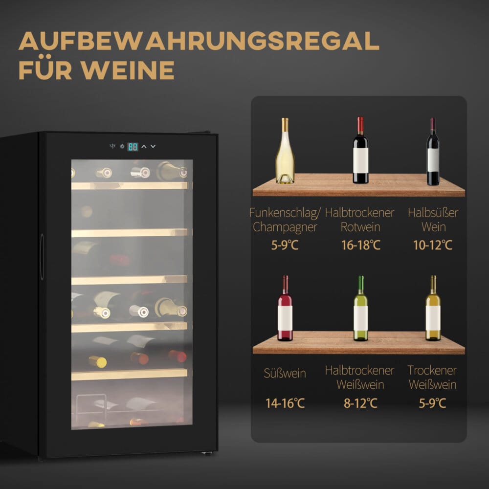 Ein schwarzer Weinkühlschrank und Weinklimaschrank für 24 Flaschen mit LED-Beleuchtung.