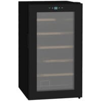 Ein schwarzer Weinkühlschrank und Weinklimaschrank für 24 Flaschen mit LED-Beleuchtung.