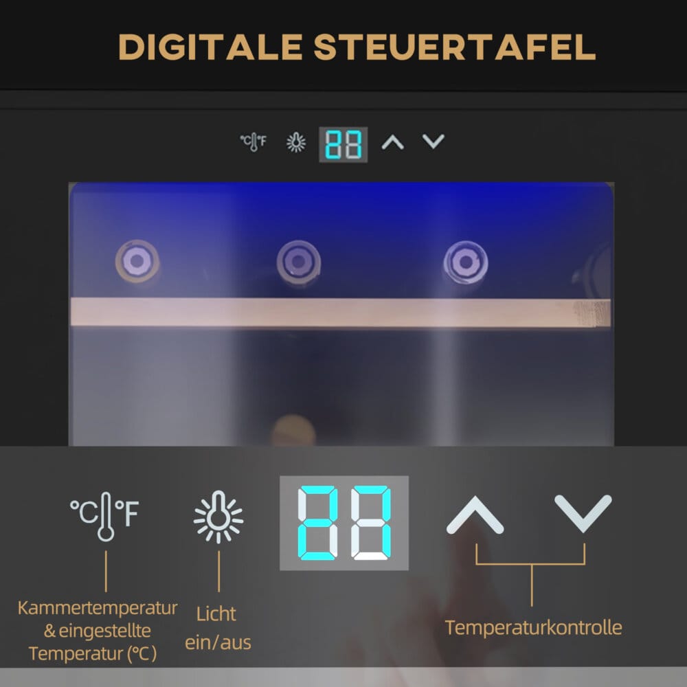 Ein schwarzer Weinkühlschrank und Weinklimaschrank für 24 Flaschen mit LED-Beleuchtung.