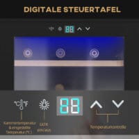 Ein schwarzer Weinkühlschrank und Weinklimaschrank für 24 Flaschen mit LED-Beleuchtung.