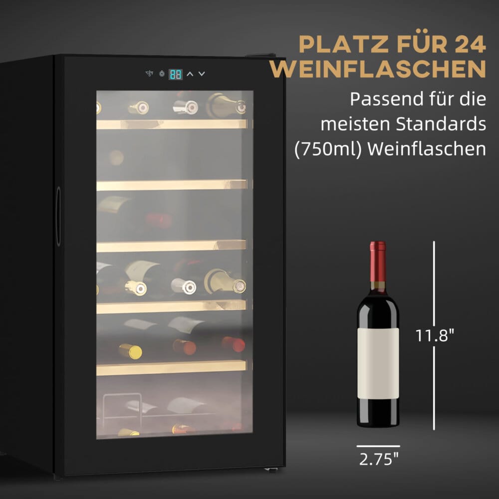 Ein schwarzer Weinkühlschrank und Weinklimaschrank für 24 Flaschen mit LED-Beleuchtung.