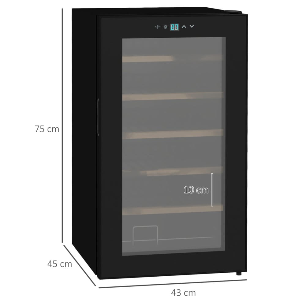 Ein schwarzer Weinkühlschrank und Weinklimaschrank für 24 Flaschen mit LED-Beleuchtung.