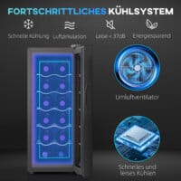 Ein Weinkühlschrank und Weinkühler für 12 Flaschen, 30 Liter Fassungsvermögen, Temperaturbereich 8-18 Grad Celsius, mit LED und Touchscreen.