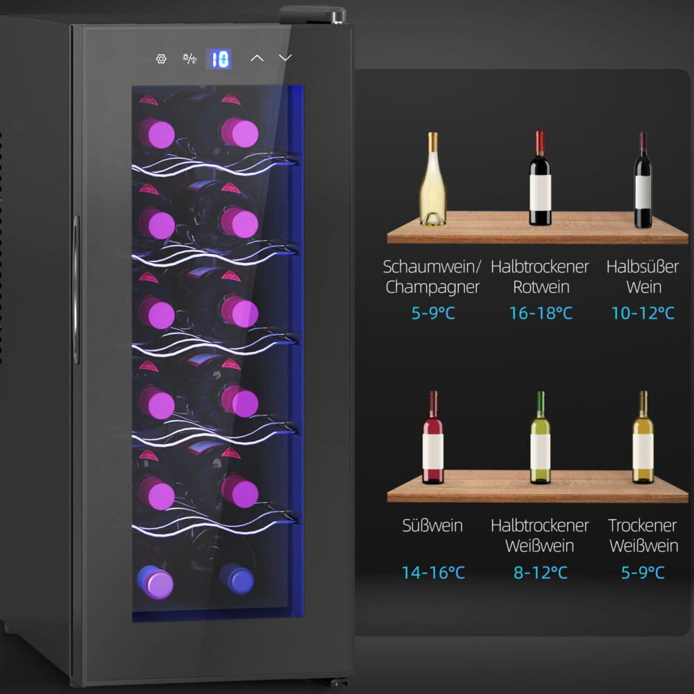 Ein Weinkühlschrank und Weinkühler für 12 Flaschen, 30 Liter Fassungsvermögen, Temperaturbereich 8-18 Grad Celsius, mit LED und Touchscreen.
