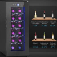 Ein Weinkühlschrank und Weinkühler für 12 Flaschen, 30 Liter Fassungsvermögen, Temperaturbereich 8-18 Grad Celsius, mit LED und Touchscreen.