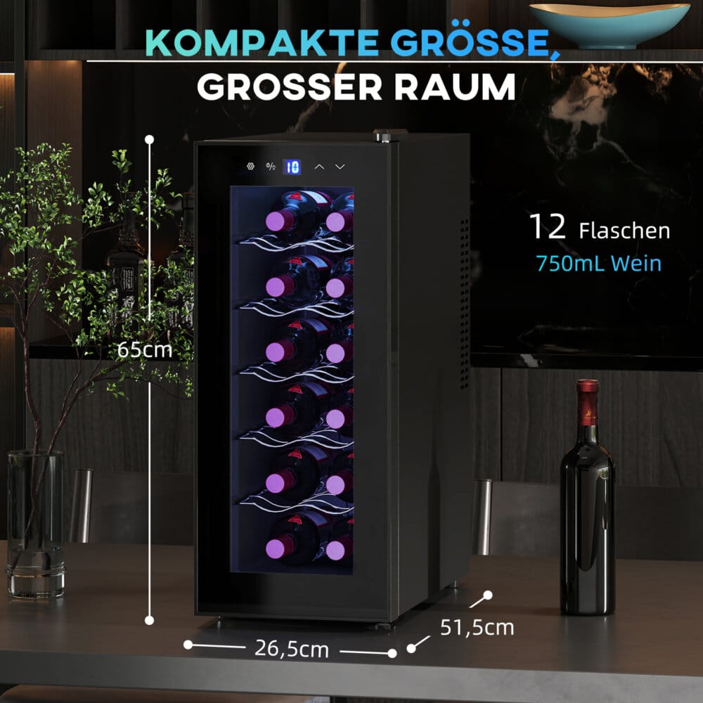 Ein Weinkühlschrank und Weinkühler für 12 Flaschen, 30 Liter Fassungsvermögen, Temperaturbereich 8-18 Grad Celsius, mit LED und Touchscreen.