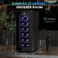 Ein Weinkühlschrank und Weinkühler für 12 Flaschen, 30 Liter Fassungsvermögen, Temperaturbereich 8-18 Grad Celsius, mit LED und Touchscreen.