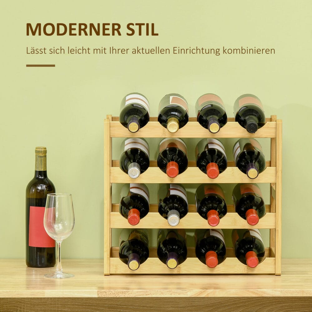 Weinregal aus Bambus im Naturholzdesign für 16 Flaschen.