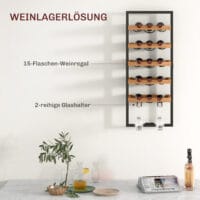 Braunes, wandmontierbares Weinregal für 15 Flaschen & 4 Gläser.