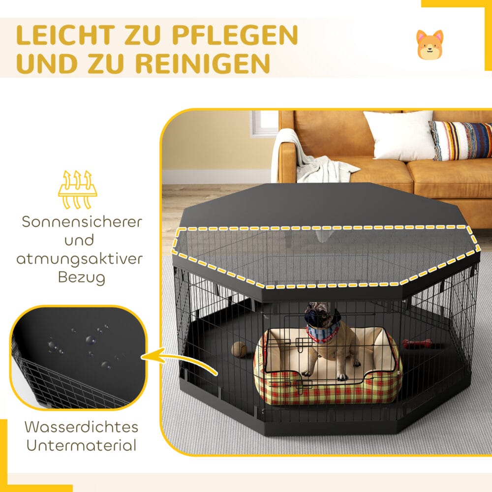 Schwarzer atmungsaktiver Welpenauslauf, 159x159x76cm gross, für Hunde bis 20kg, bietet einen sicheren und grosszügigen Bereich zum Spielen und Ausruhen.