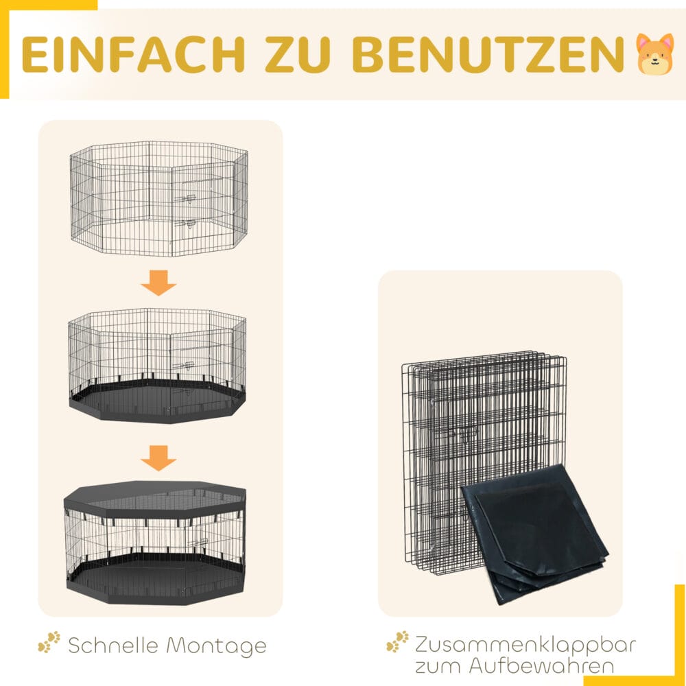 Schwarzer atmungsaktiver Welpenauslauf, 159x159x76cm gross, für Hunde bis 20kg, bietet einen sicheren und grosszügigen Bereich zum Spielen und Ausruhen.