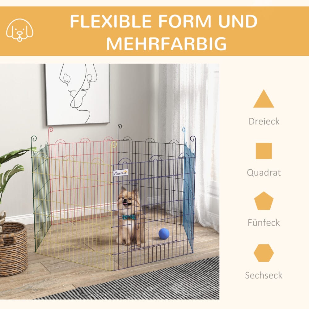 Bunter 6-teiliger Welpenlaufstall aus Metall, 60cm hoch.