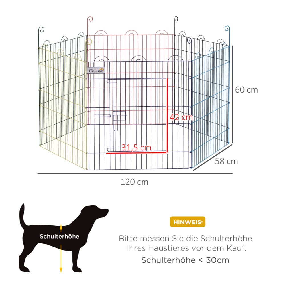 Bunter 6-teiliger Welpenlaufstall aus Metall, 60cm hoch.